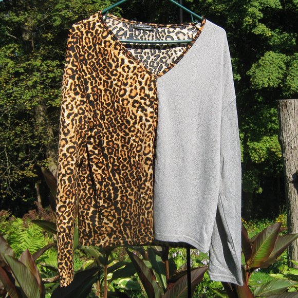 V Neck Contrast Color Block Spliced Long Sleeve Leopard Print Top Size L - Picture 1 of 2